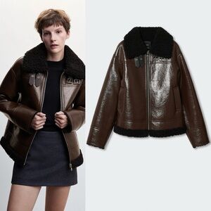 Mango Faux Shearling Faux Leather Jacket in Brown